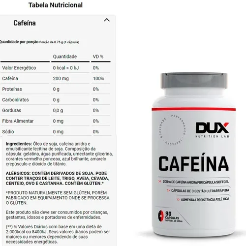 Cafeína Anidra 90 Cápsulas - DUX NUTRITION, foto 2