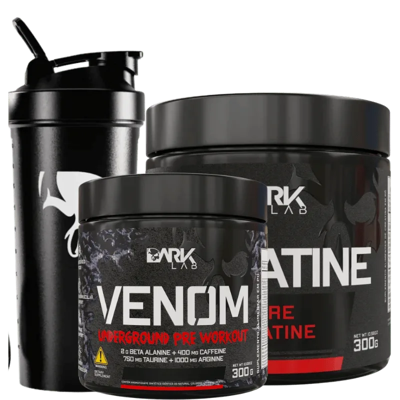 Kit Caveira — Creatina 300g + Pré-Treino Venom + Coqueteleira · Dark Lab